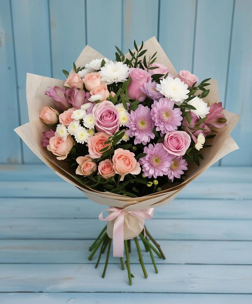 Букет цветов из: Хризантемы, Розы и Альстромерии в Иссе