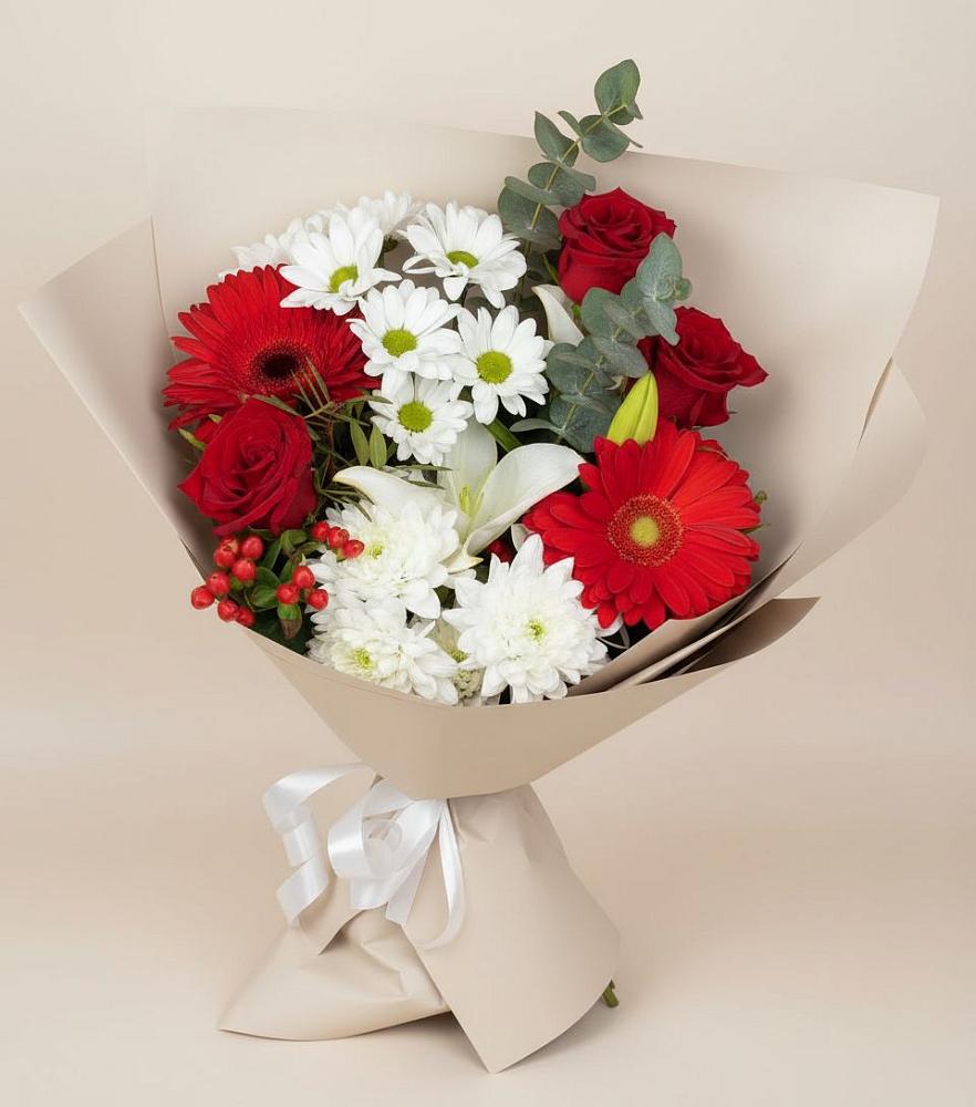 Букет цветов из: Розы, Хризантемы, Герберы и Лилии в Иссе