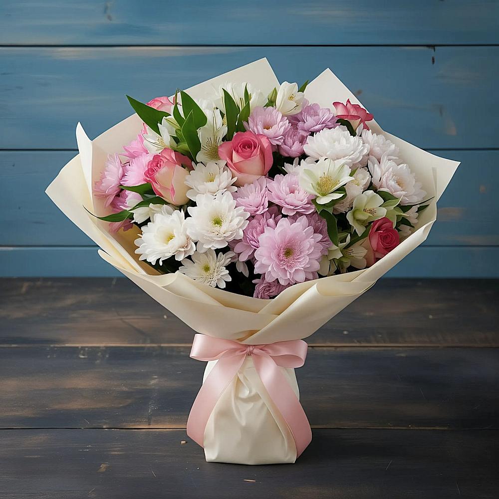 Букет цветов из: Хризантемы, Альстромерии и Розы в Иссе